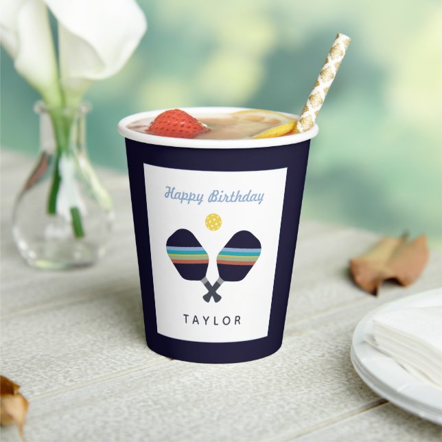 Gobelets En Papier Pickleball Party Sports Bleu foncé Paddles rayées (Insitu)