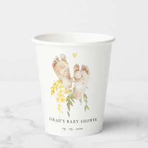 Gobelets En Papier Pieds bébé Jaune Floral Sexe Baby shower neutre