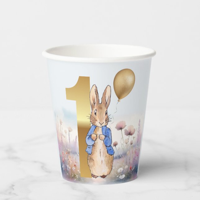Gobelets En Papier Pierre le lapin fleurs sauvages de premier anniver (Recto)