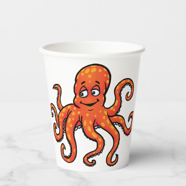 Gobelets En Papier Pieuvre orange dessin animé océan créature marine (Recto)
