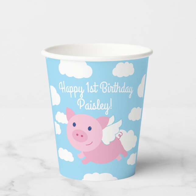 Gobelets En Papier Pig Volant mignon 1er anniversaire fêtes enfants (Recto)