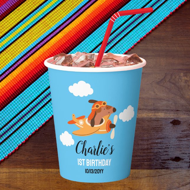 Gobelets En Papier Pilote de chien avion volant, Enfants mignons bleu (Créateur téléchargé)