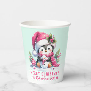 Gobelets En Papier Pingouin rose et menthe vert mignonne Joyeux Noël