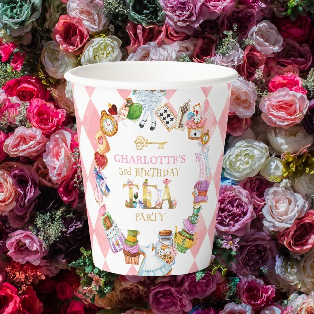 Gobelets En Papier Pink Alice in Wonderland 3rd birthday (Créateur téléchargé)