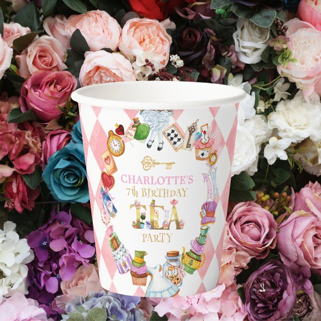 Gobelets En Papier Pink Alice in Wonderland 7th birthday (Créateur téléchargé)