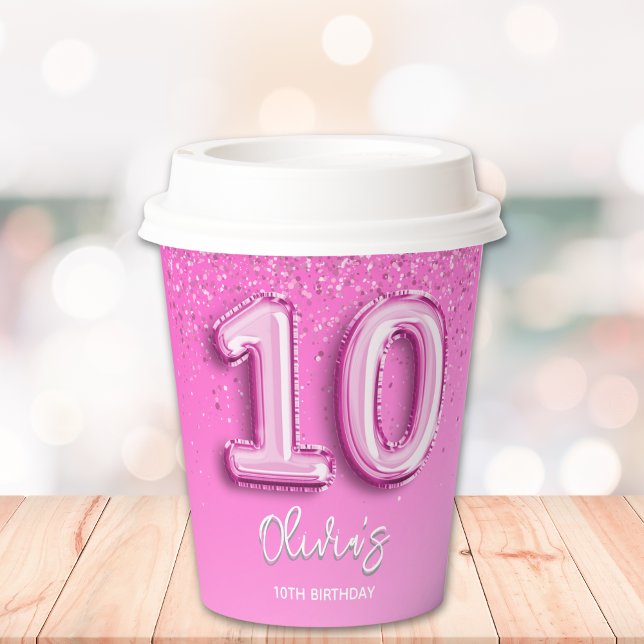 Gobelets En Papier Pink Ballon Birthday girl 10th (Créateur téléchargé)