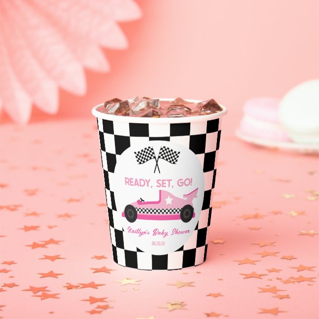 Gobelets En Papier Pink Black Race Car Ready Set Go Baby shower (Insitu)