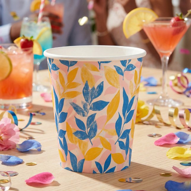 Gobelets En Papier Pink, Blue, and Yellow Lithograph Floral Wedding (Pink, Blue, and Yellow Lithograph Floral Wedding Paper Cups.)