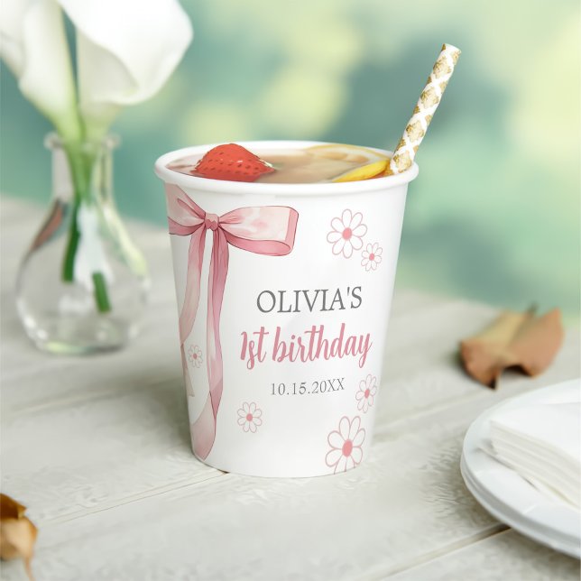 Gobelets En Papier Pink Bow 1er anniversaire fille (Créateur téléchargé)
