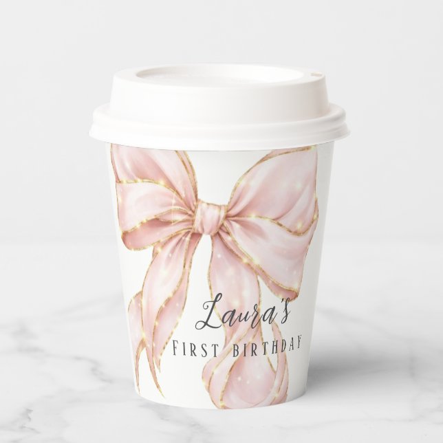 Gobelets En Papier Pink Bow Girl First Birthday Party  (Recto)