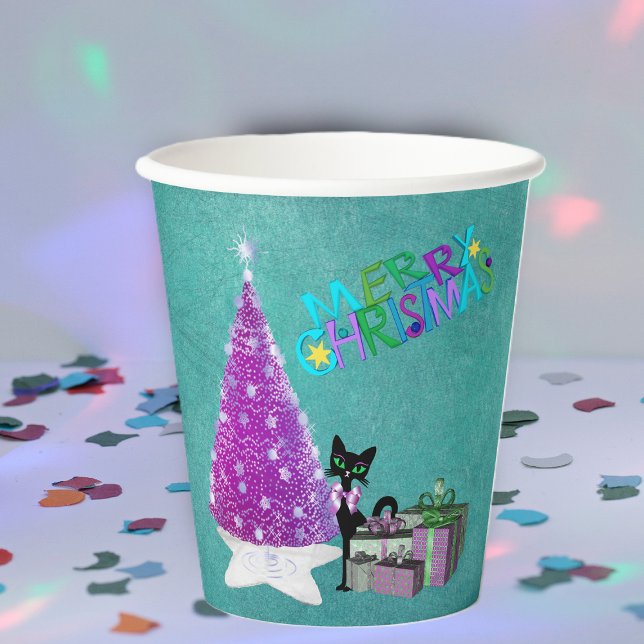 Gobelets En Papier Pink Christmas Tree black Cat Wrapped Gifts Teal (Merry Christmas pink silver tree, black cat, wrapped gifts on teal paper party drink cup for holiday)