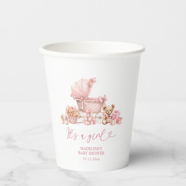 Gobelets En Papier Pink Coquette Baby Carriage Baby Shower Paper Cups (Recto)