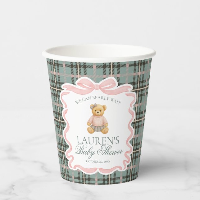 Gobelets En Papier Pink Coquette Bow Bear Tartan Plaid Baby Shower (Recto)