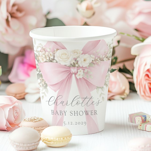 Gobelets En Papier Pink Coquette Bow Floral Baby in bloom baby Shower (Créateur téléchargé)