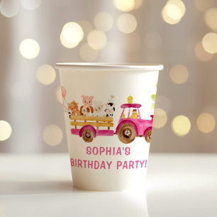 Gobelets En Papier Pink Farm animaux fête d'anniversaire