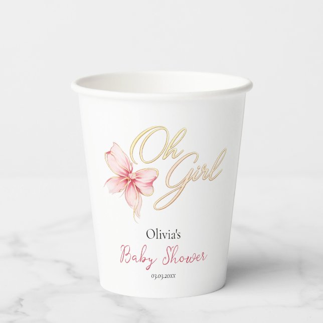 Gobelets En Papier Pink & Gold “Oh Girl” Gold Typography Baby Shower (Verso)