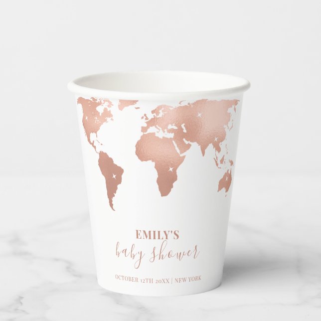Gobelets En Papier Pink Gold World Map Voyage Baby shower d'aventure (Recto)