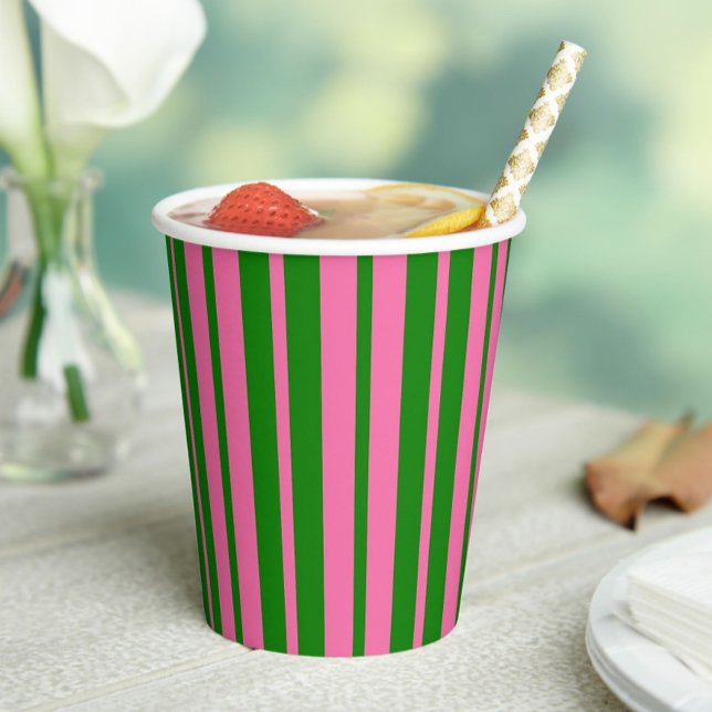 Gobelets En Papier Pink Green Stylish Stripes Pattern Design  (Créateur téléchargé)