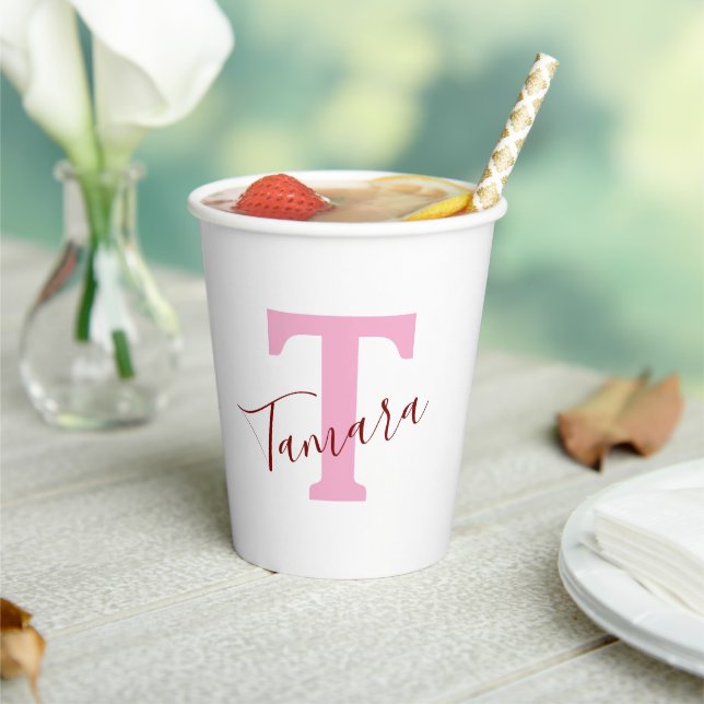 Gobelets En Papier Pink Monogram Paper Cups | Custom Name (Insitu)