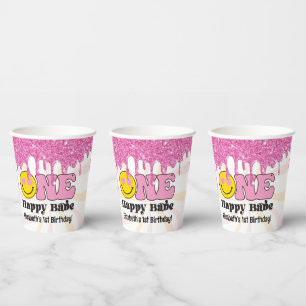 Gobelets En Papier Pink Orange Retro One Happy Babe 1er anniversaire