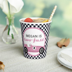 Gobelets En Papier Pink Race Car Girl Racing Deux Fête d'Anniversaire
