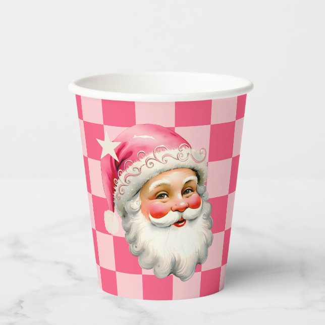 Gobelets En Papier Pink Retro Santa Claus Pink Tartan Plaid Noël (Recto)