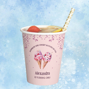 Gobelets En Papier Pink Sprinkles Girl Ice Cream 1er anniversaire