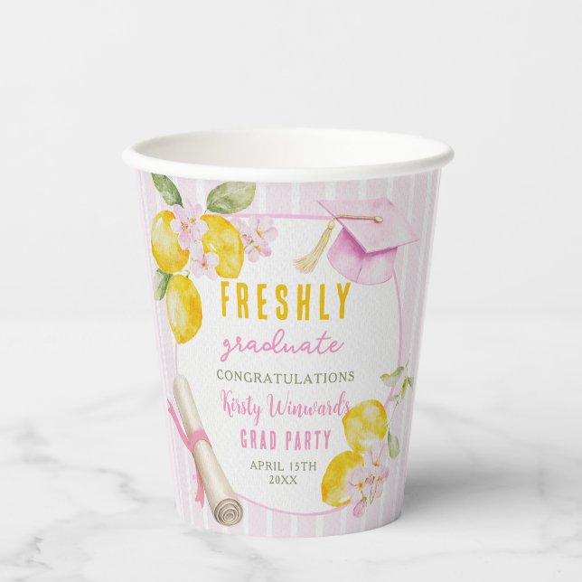 Gobelets En Papier Pink Stripes Lemons and Flowers Grad Paper Cups (Recto)