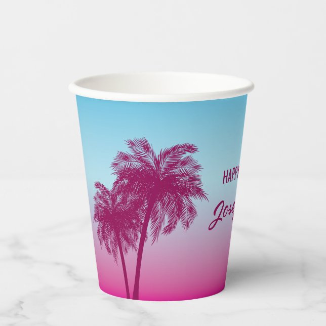 Gobelets En Papier Pink Summer Palm Trees Tropical Sky Birthday (Recto)