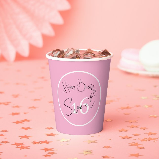 Gobelets En Papier Pink Sweet 16 White & Black Script Paper cup (Insitu)