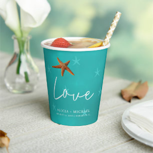 Gobelets En Papier Plage étoile de mer bleu aqua noms de couple maria