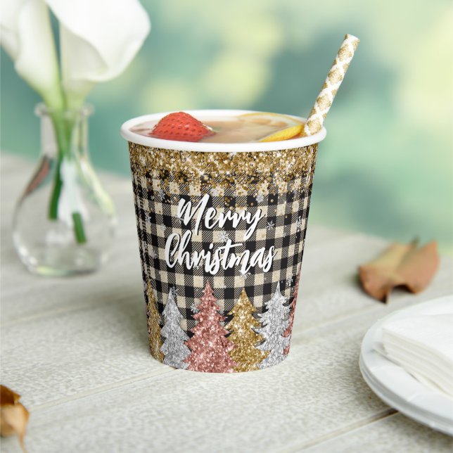 Gobelets En Papier Plaid de Noël et Paillettes avec Texte (Insitu)