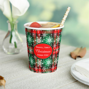 Gobelets En Papier Plaid Et Snowflakes Noël Motif 1 Avec Texte