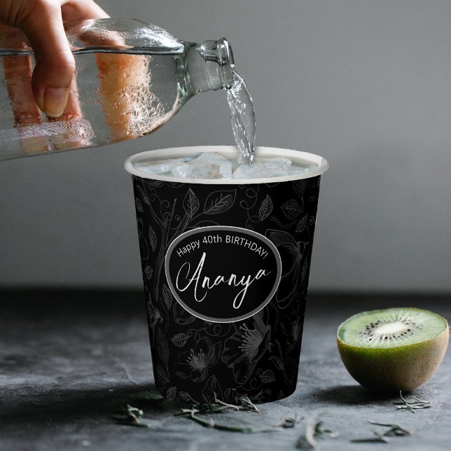 Gobelets En Papier Plan floral esquissé Motif gris/noir ID939 (Créateur téléchargé)