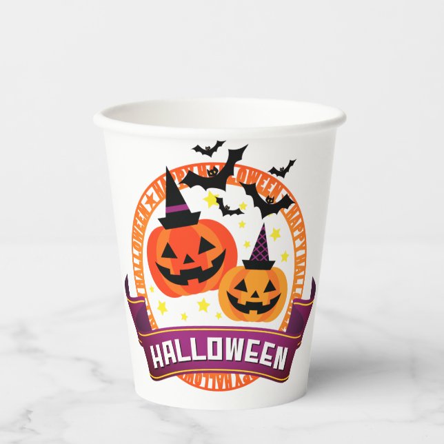 Gobelets En Papier Plaque Citrouille Halloween Et Bats (Recto)