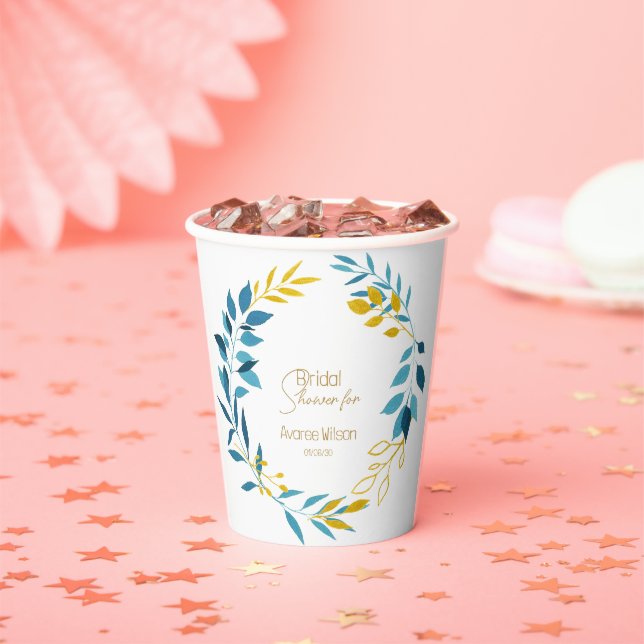 Gobelets En Papier Plaques en papier bleu turquoise et or floral (Insitu)