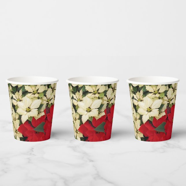 Gobelets En Papier Poinsettias blanches et rouges I Holiday Floral (Multi)