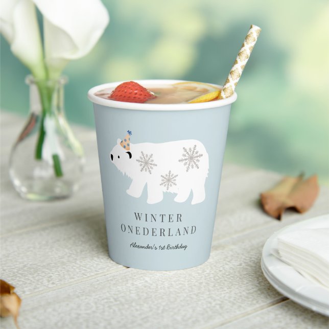 Gobelets En Papier Polar Bear Winter Wonderland Bleu 1er anniversaire (Insitu)