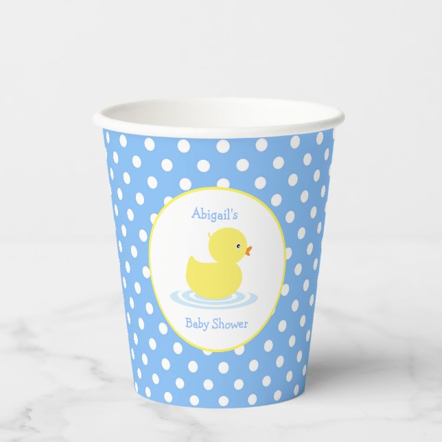 Gobelets En Papier Polka bleu et blanc Pot Canard jaune Baby shower (Recto)