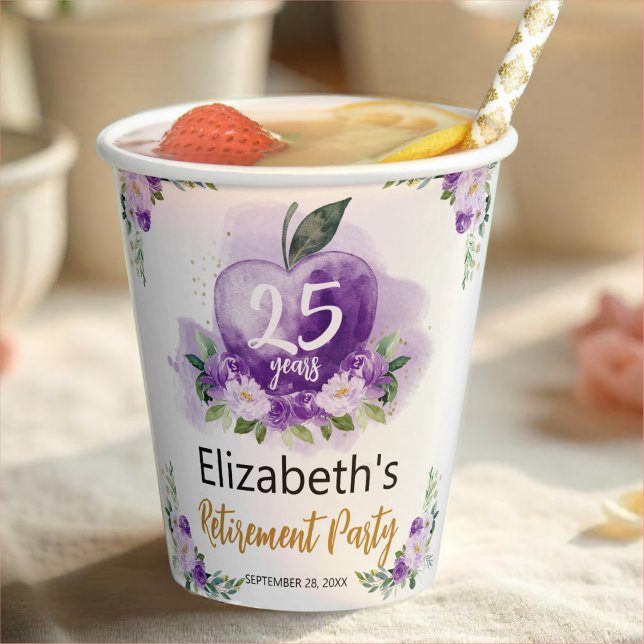 Gobelets En Papier Pomme Floral Teacher Parti de retraite (Créateur téléchargé)