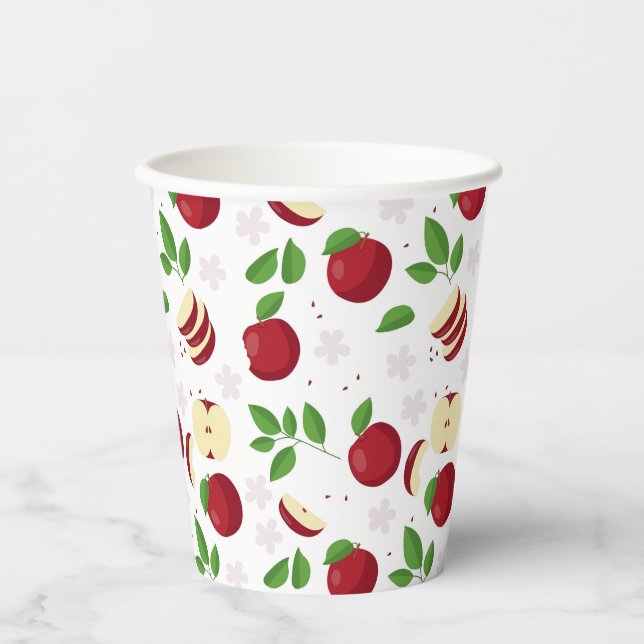 Gobelets En Papier Pommes rouges, fleurs et Motif de verdure (Recto)