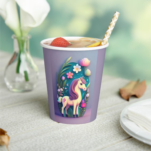 Gobelets En Papier Poney mignon avec fond fleuri - (Insitu)
