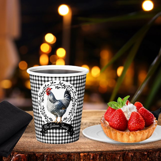 Gobelets En Papier Poulet rougeâtre de la campagne Poulet En vichy ch (Rustic Country Rooster Chicken Black and White Gingham Checks Farm Family Name Two-Tone Coffee Mug)
