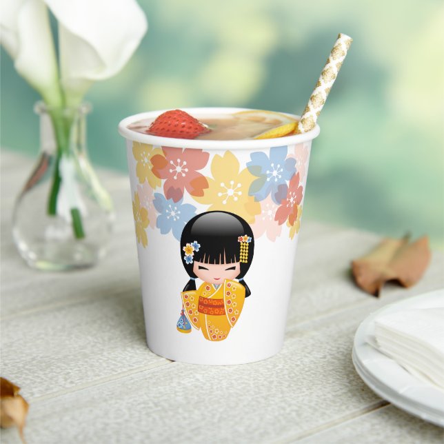 Gobelets En Papier Poupée d'été Kokeshi - Kimono Jaune Geisha Girl (Insitu)