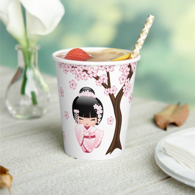 Gobelets En Papier Poupée Kokeshi Kimono Rose (Insitu)