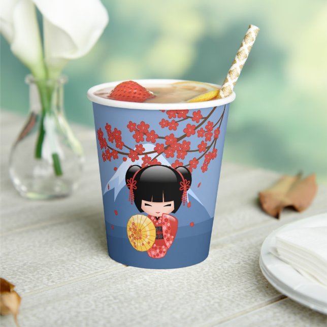 Gobelets En Papier Poupée rouge Sakura Kokeshi - mignonne Geisha Girl (Insitu)