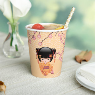 Gobelets En Papier Poupée Ume Kokeshi - Japonaise Pêche Geisha Girl