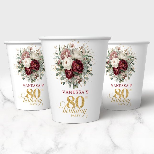 Gobelets en papier pour 80e anniversaire à fleurs  (Opulent Maroon Floral 80th Birthday Paper Cups)