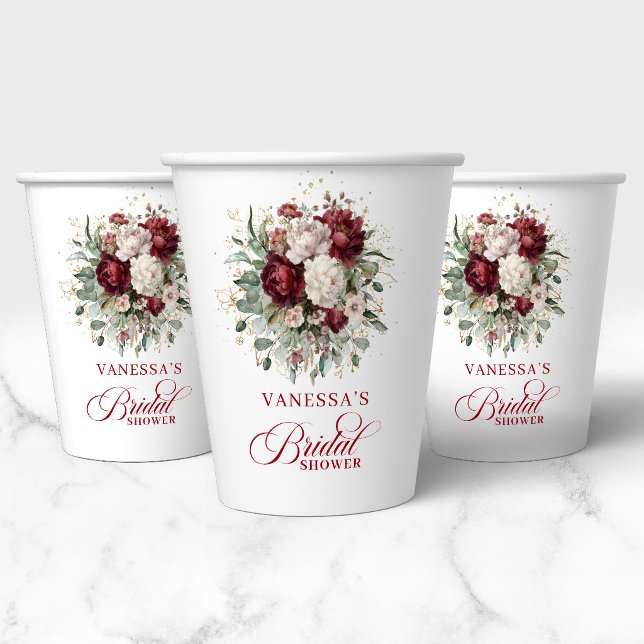 Gobelets en papier pour Baby Shower bordeaux à fle (Minimal Burgundy Floral Bridal Shower Paper Cups)