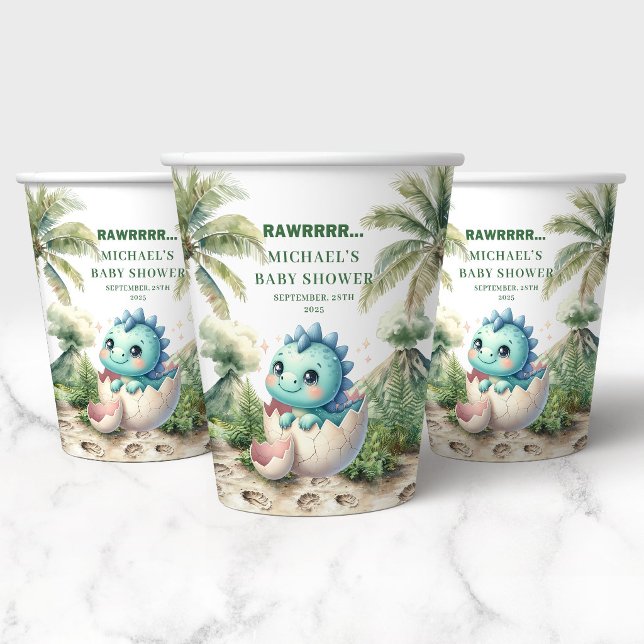 Gobelets en papier pour Baby Shower Charming Dino  (Charming Dino Baby Shower Hatching Soon Paper Cups)